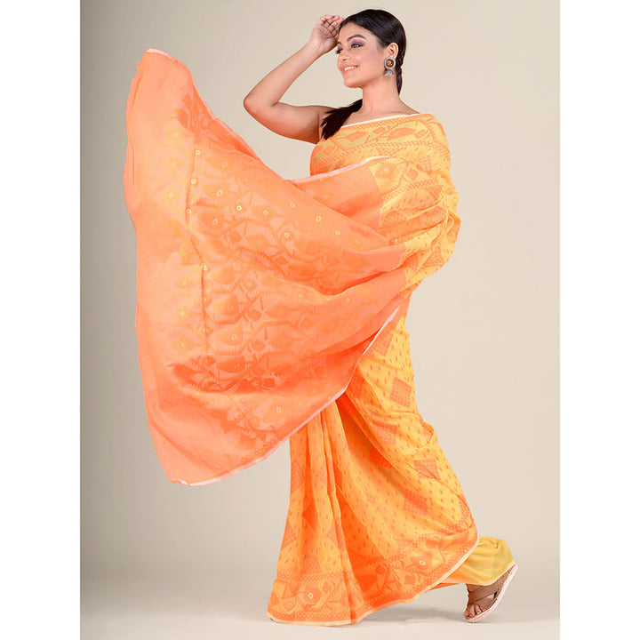 CHARUKRITI Yellow Handwoven Soft Jamdani Saree without Blouse