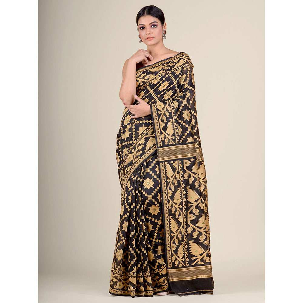 CHARUKRITI Black Handwoven Soft Jamdani Saree without Blouse