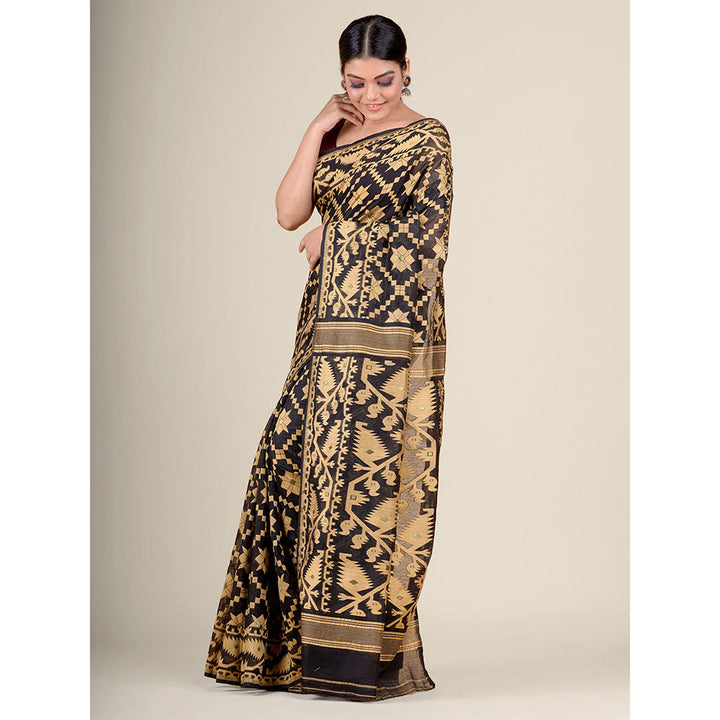 CHARUKRITI Black Handwoven Soft Jamdani Saree without Blouse