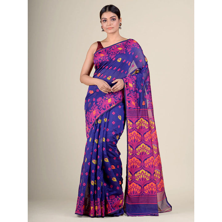 CHARUKRITI Purple Blue Handwoven Soft Jamdani Saree without Blouse