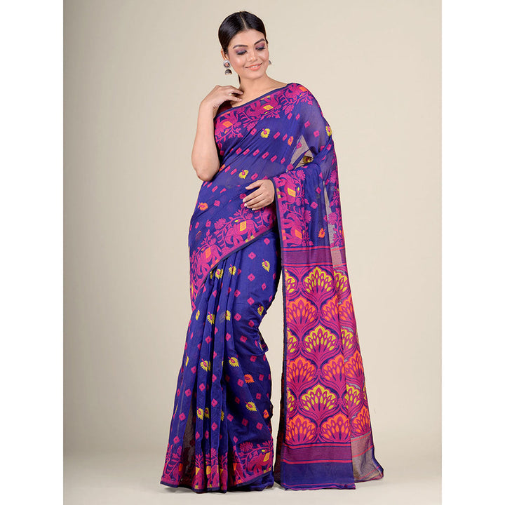 CHARUKRITI Purple Blue Handwoven Soft Jamdani Saree without Blouse