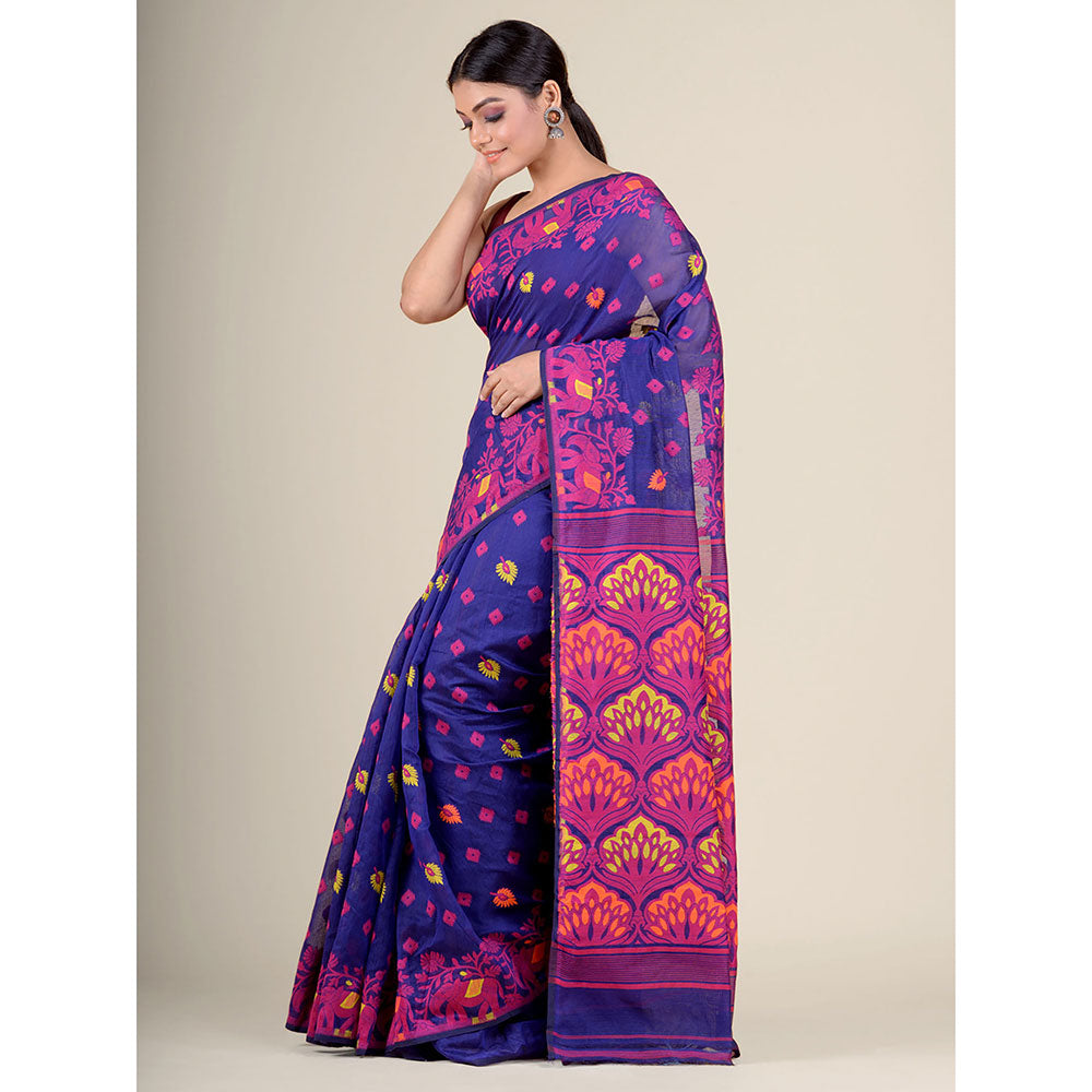 CHARUKRITI Purple Blue Handwoven Soft Jamdani Saree without Blouse