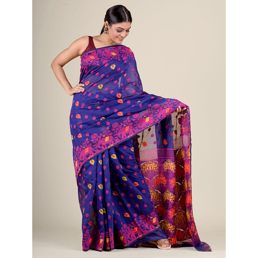 CHARUKRITI Purple Blue Handwoven Soft Jamdani Saree without Blouse