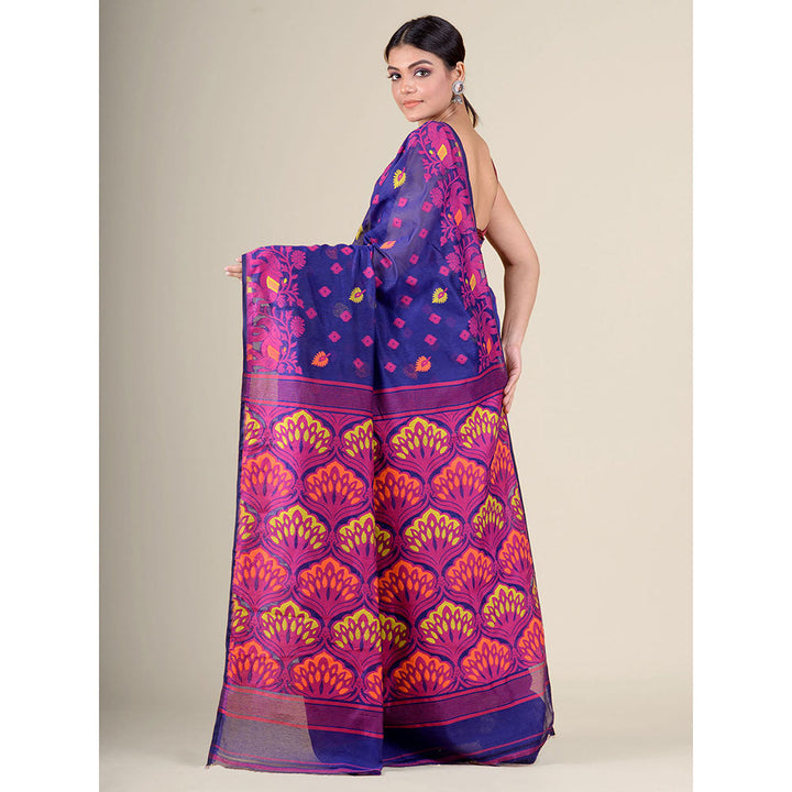 CHARUKRITI Purple Blue Handwoven Soft Jamdani Saree without Blouse