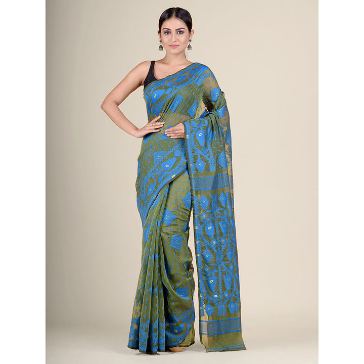 CHARUKRITI Olive Green Handwoven Soft Jamdani Saree without Blouse