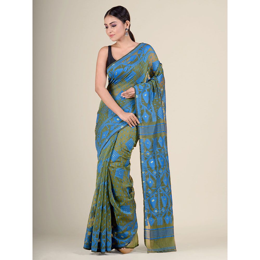 CHARUKRITI Olive Green Handwoven Soft Jamdani Saree without Blouse