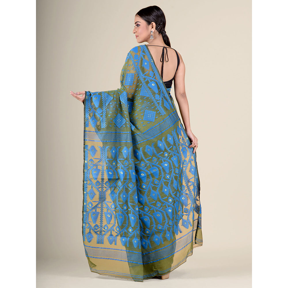 CHARUKRITI Olive Green Handwoven Soft Jamdani Saree without Blouse