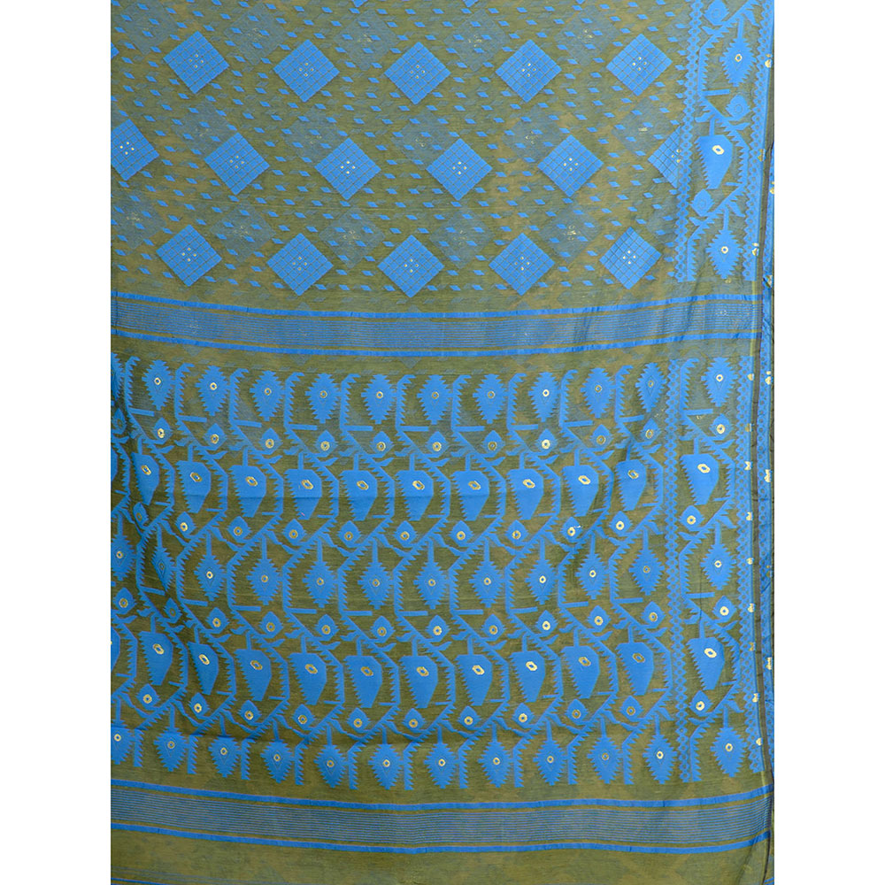 CHARUKRITI Olive Green Handwoven Soft Jamdani Saree without Blouse