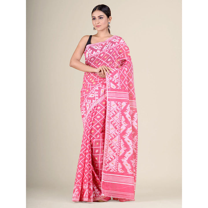 CHARUKRITI Baby Pink Handwoven Soft Jamdani Saree without Blouse