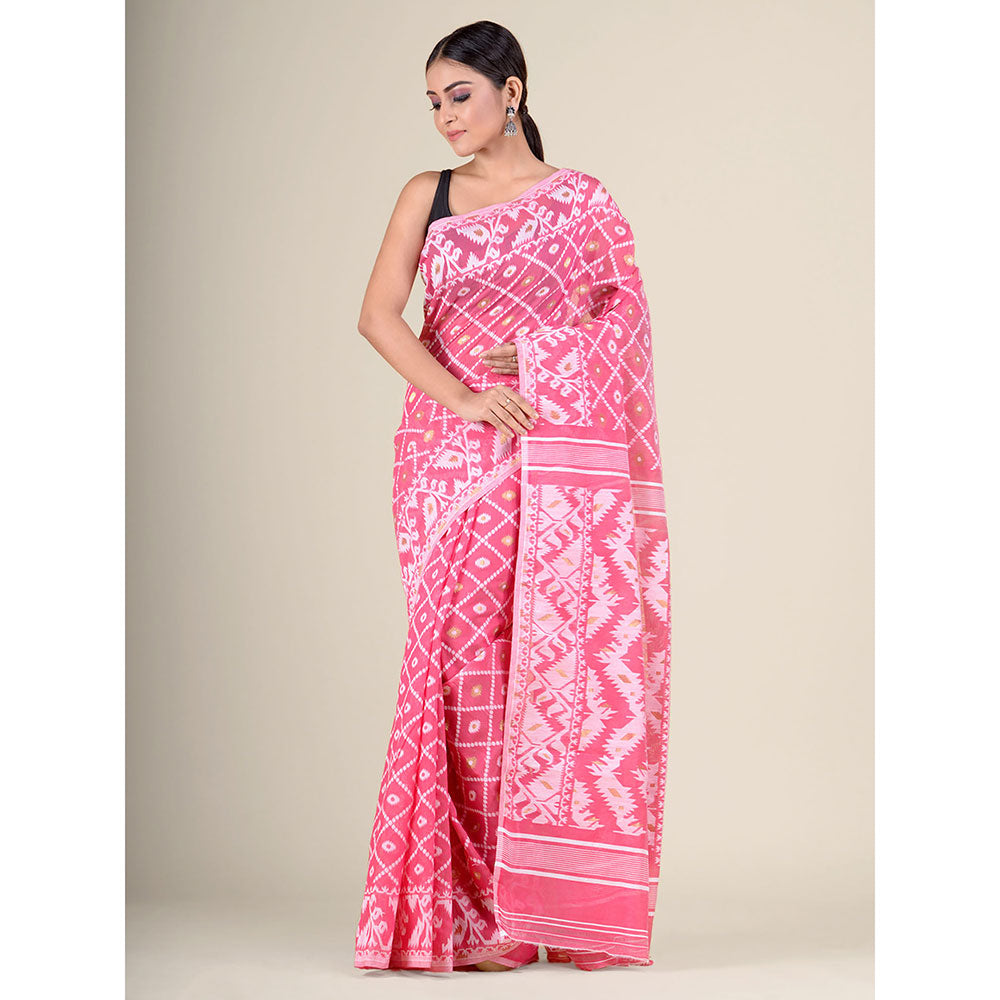 CHARUKRITI Baby Pink Handwoven Soft Jamdani Saree without Blouse