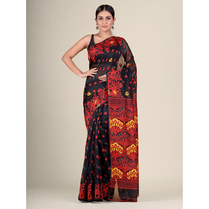 CHARUKRITI Black Handwoven Soft Jamdani Saree without Blouse