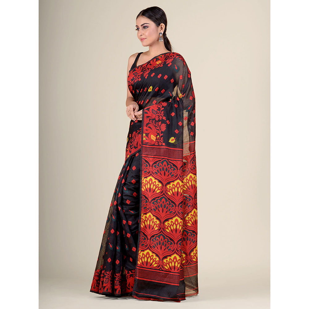 CHARUKRITI Black Handwoven Soft Jamdani Saree without Blouse