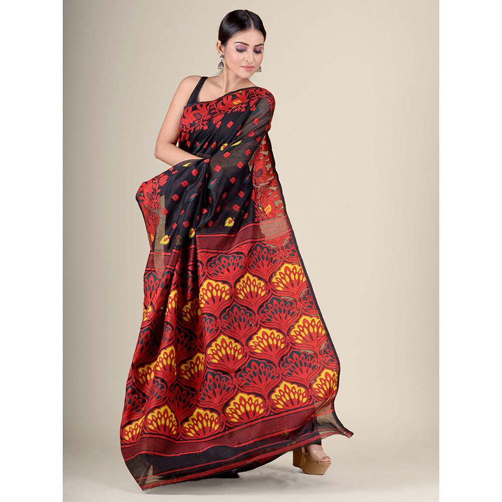 CHARUKRITI Black Handwoven Soft Jamdani Saree without Blouse