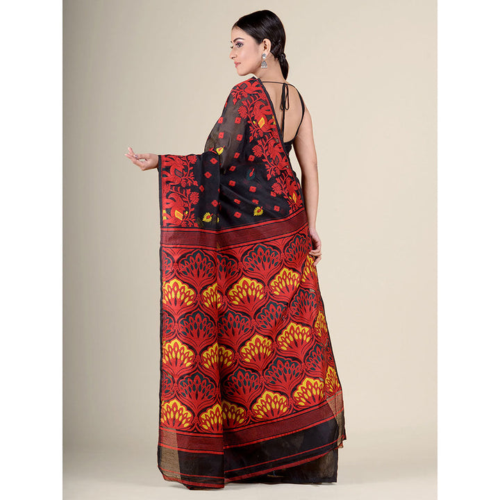 CHARUKRITI Black Handwoven Soft Jamdani Saree without Blouse