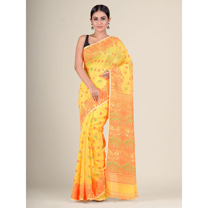 CHARUKRITI Orange Handwoven Soft Jamdani Saree without Blouse