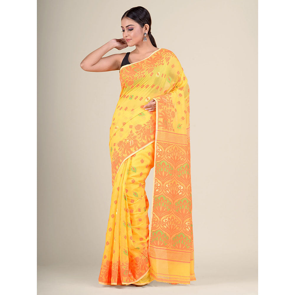 CHARUKRITI Orange Handwoven Soft Jamdani Saree without Blouse