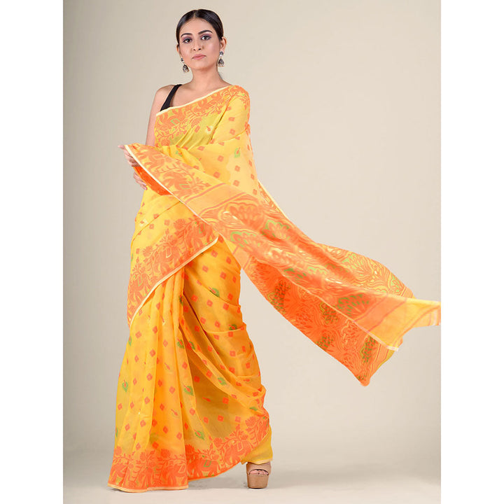 CHARUKRITI Orange Handwoven Soft Jamdani Saree without Blouse