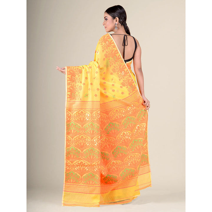 CHARUKRITI Orange Handwoven Soft Jamdani Saree without Blouse