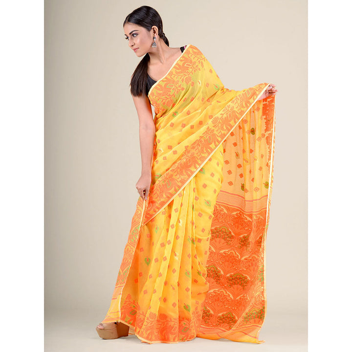 CHARUKRITI Orange Handwoven Soft Jamdani Saree without Blouse