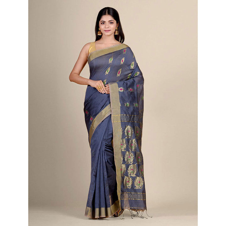 CHARUKRITI Grey Blended Cotton Handwoven Saree with Blouse