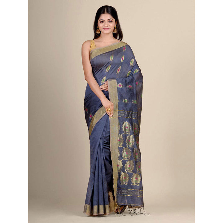 CHARUKRITI Grey Blended Cotton Handwoven Saree with Blouse