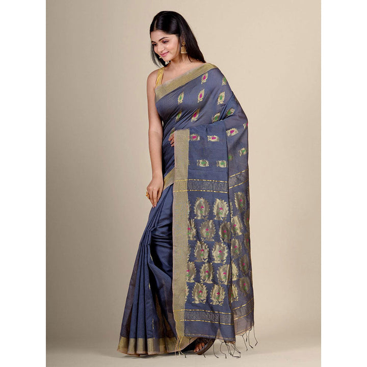 CHARUKRITI Grey Blended Cotton Handwoven Saree with Blouse