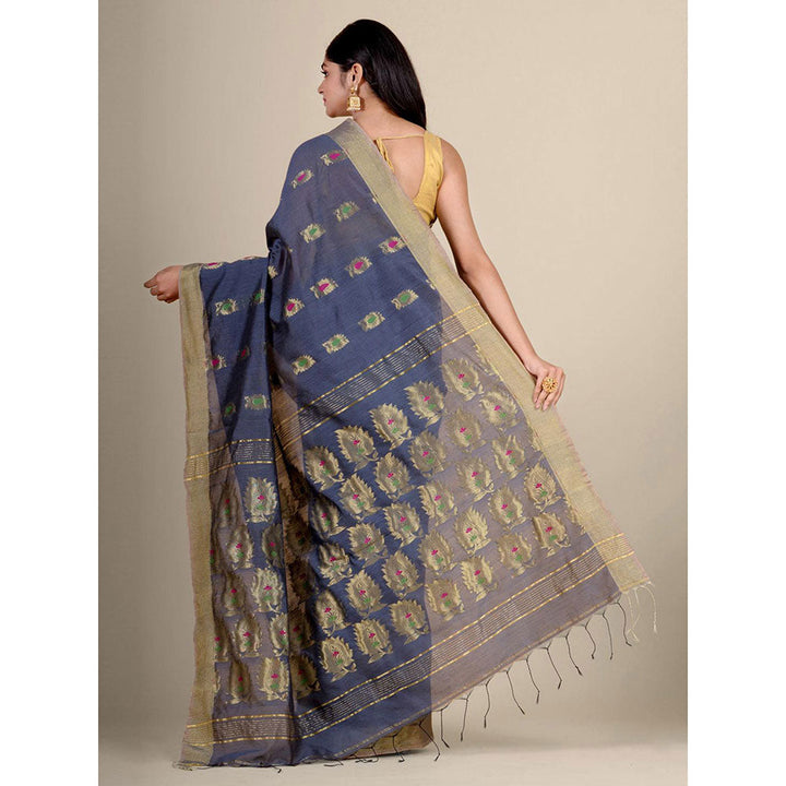 CHARUKRITI Grey Blended Cotton Handwoven Saree with Blouse