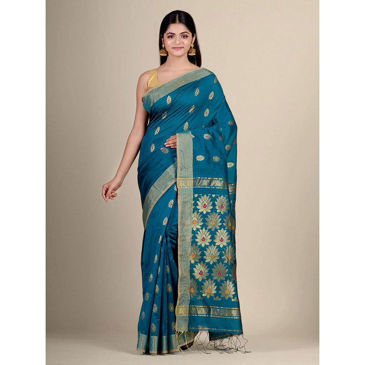 CHARUKRITI Teal Blue Blended Cotton Handwoven Saree with Blouse