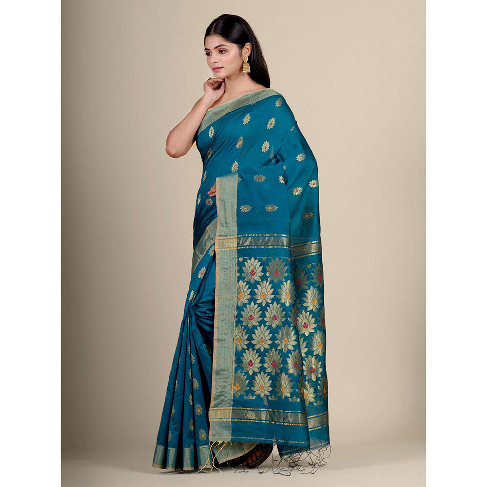 CHARUKRITI Teal Blue Blended Cotton Handwoven Saree with Blouse