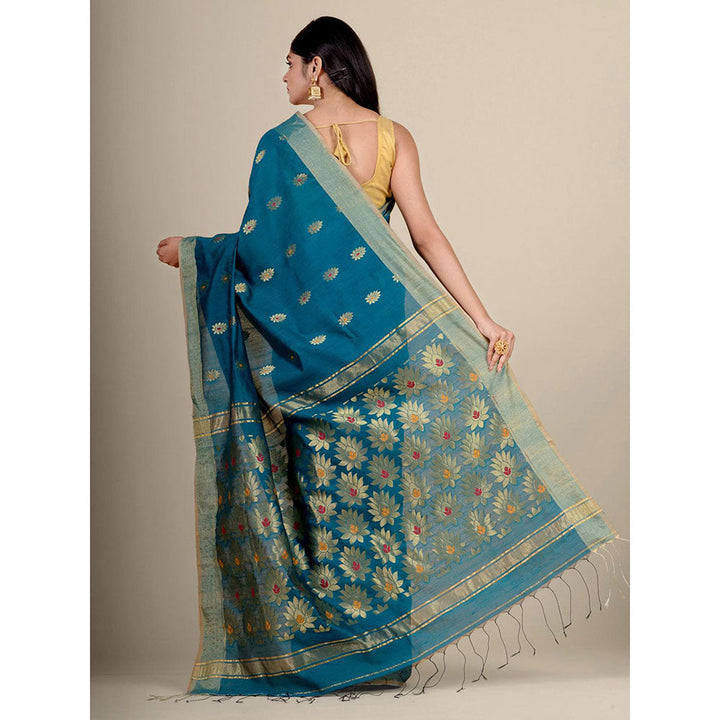 CHARUKRITI Teal Blue Blended Cotton Handwoven Saree with Blouse