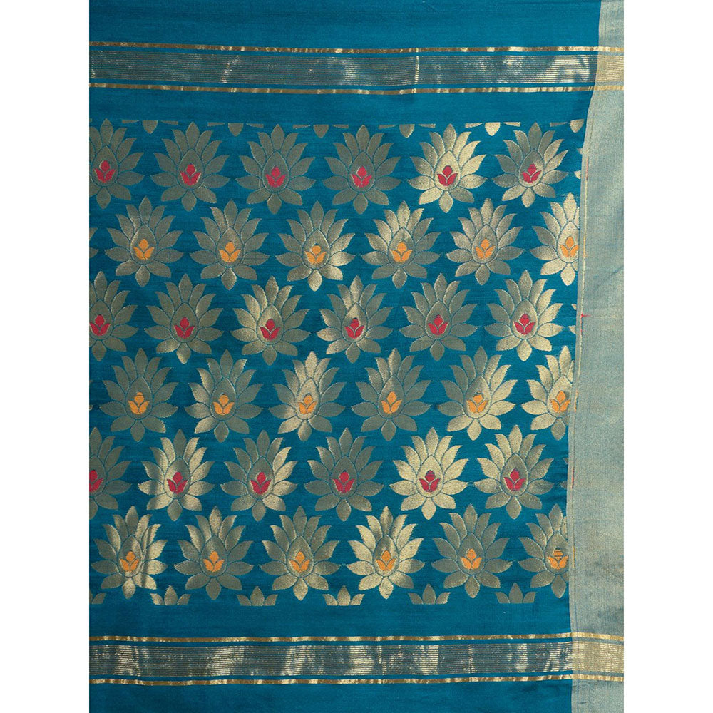 CHARUKRITI Teal Blue Blended Cotton Handwoven Saree with Blouse