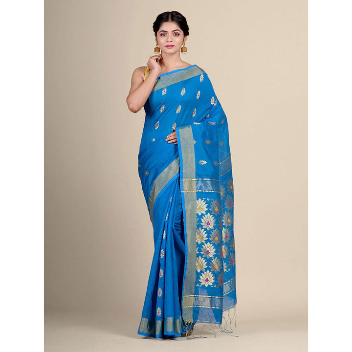 CHARUKRITI Blue Blended Cotton Handwoven Saree with Blouse