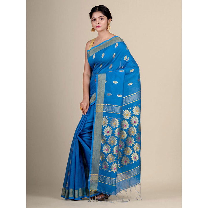 CHARUKRITI Blue Blended Cotton Handwoven Saree with Blouse