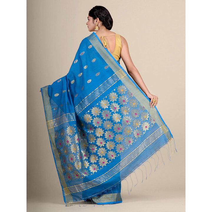 CHARUKRITI Blue Blended Cotton Handwoven Saree with Blouse