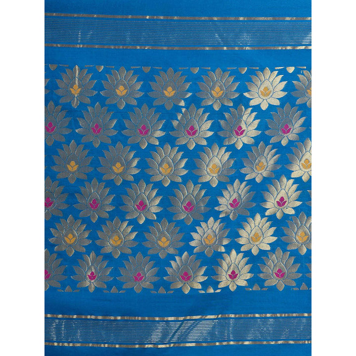 CHARUKRITI Blue Blended Cotton Handwoven Saree with Blouse