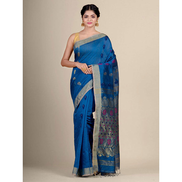 CHARUKRITI Blue Blended Cotton Handwoven Saree with Blouse