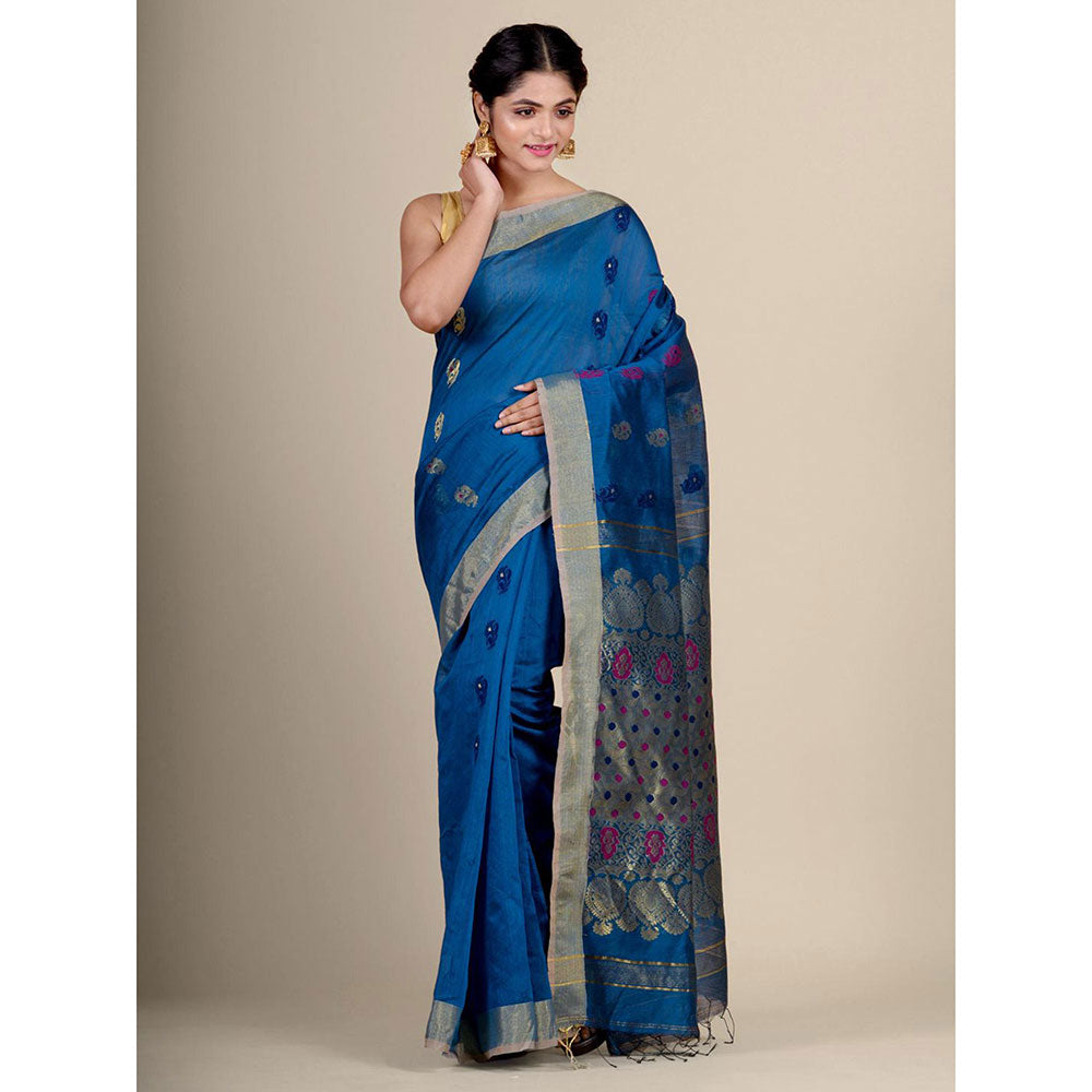 CHARUKRITI Blue Blended Cotton Handwoven Saree with Blouse