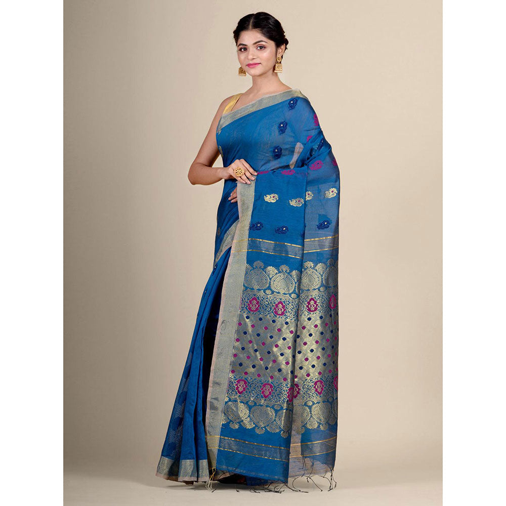 CHARUKRITI Blue Blended Cotton Handwoven Saree with Blouse