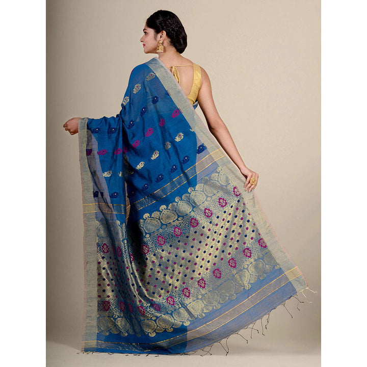 CHARUKRITI Blue Blended Cotton Handwoven Saree with Blouse