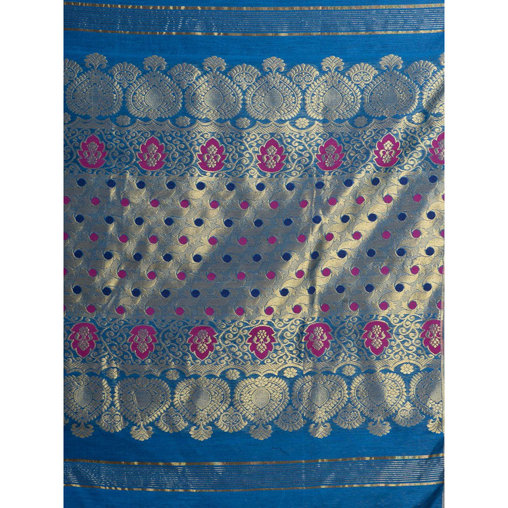 CHARUKRITI Blue Blended Cotton Handwoven Saree with Blouse