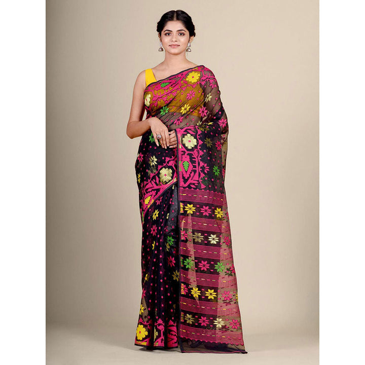 CHARUKRITI Black Silk Cotton Handwoven Jamdani Saree without Blouse