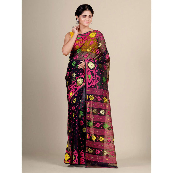 CHARUKRITI Black Silk Cotton Handwoven Jamdani Saree without Blouse