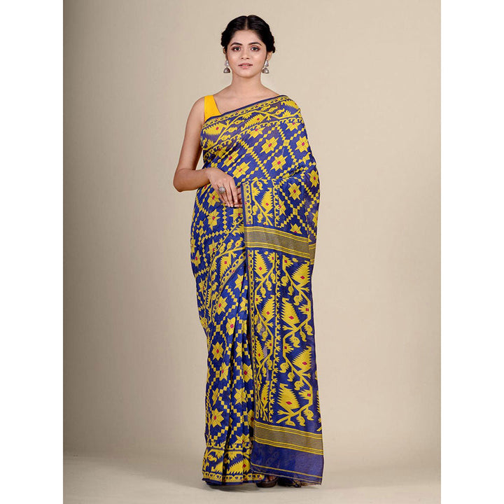 CHARUKRITI Blue Silk Cotton Handwoven Jamdani Saree without Blouse