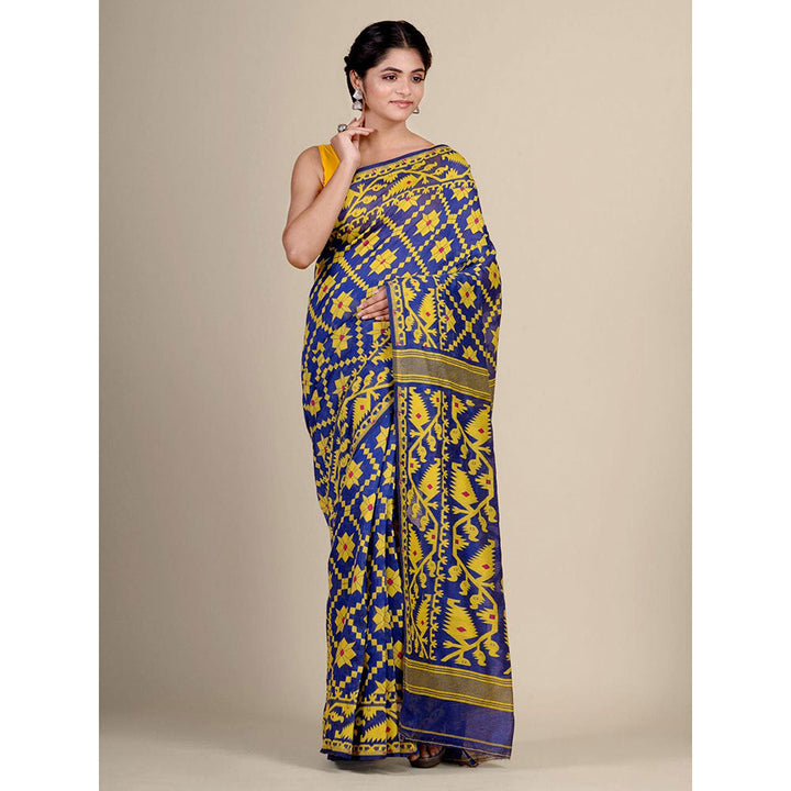 CHARUKRITI Blue Silk Cotton Handwoven Jamdani Saree without Blouse