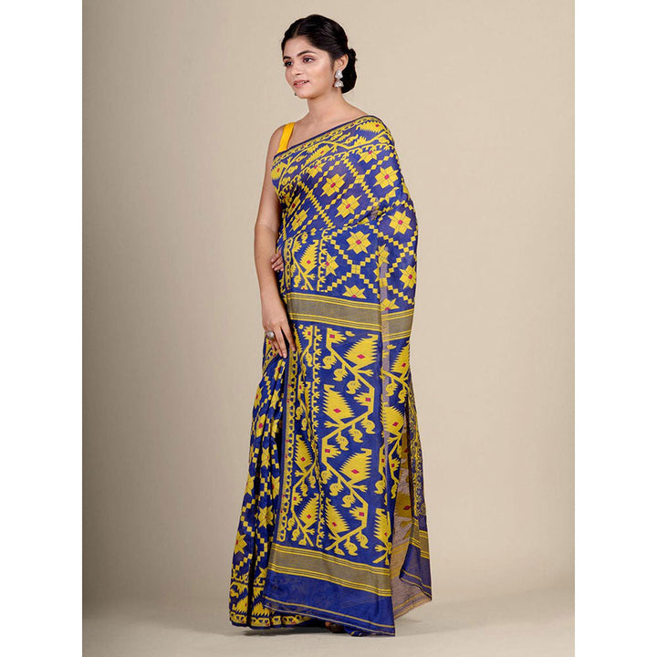 CHARUKRITI Blue Silk Cotton Handwoven Jamdani Saree without Blouse