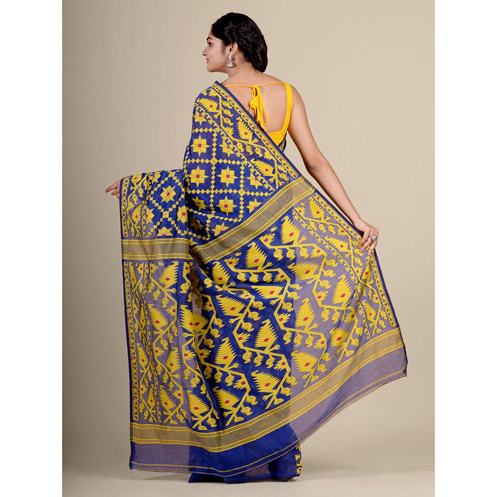 CHARUKRITI Blue Silk Cotton Handwoven Jamdani Saree without Blouse