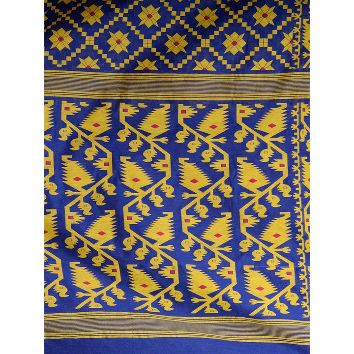 CHARUKRITI Blue Silk Cotton Handwoven Jamdani Saree without Blouse