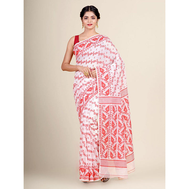 CHARUKRITI White Silk Cotton Handwoven Jamdani Saree without Blouse