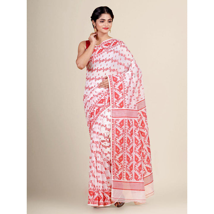 CHARUKRITI White Silk Cotton Handwoven Jamdani Saree without Blouse