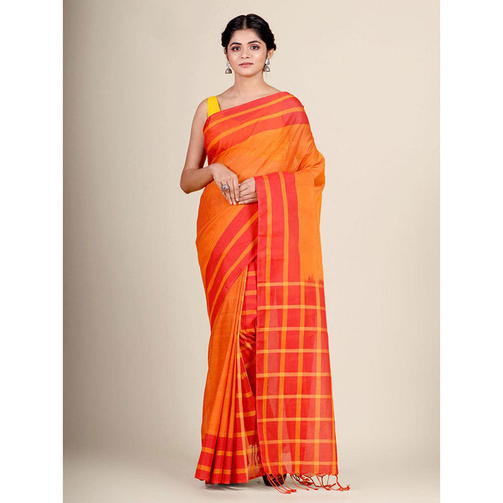 CHARUKRITI Mustard Blended Cotton Handwoven Saree with Blouse